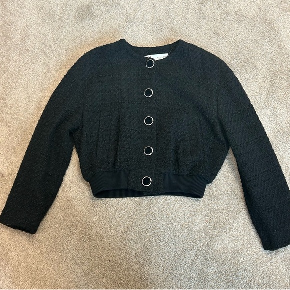 Zara Black tweed bomber jacket velvet button front Sz S - Picture 6 of 13